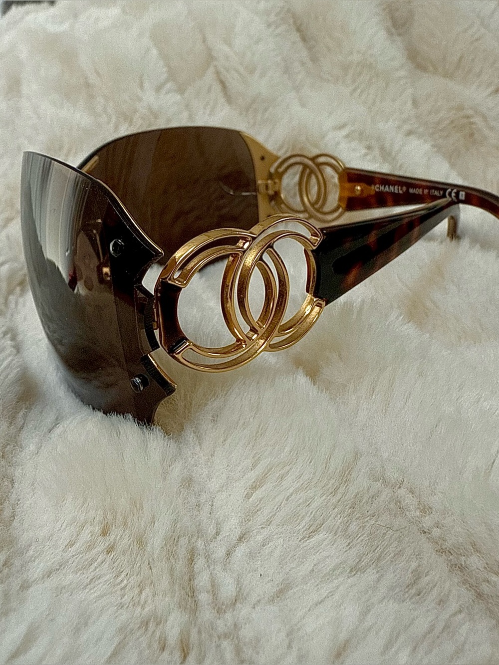 Vintage CHANEL Brown Rimless Shield Sunglasses with Gold CC Accents